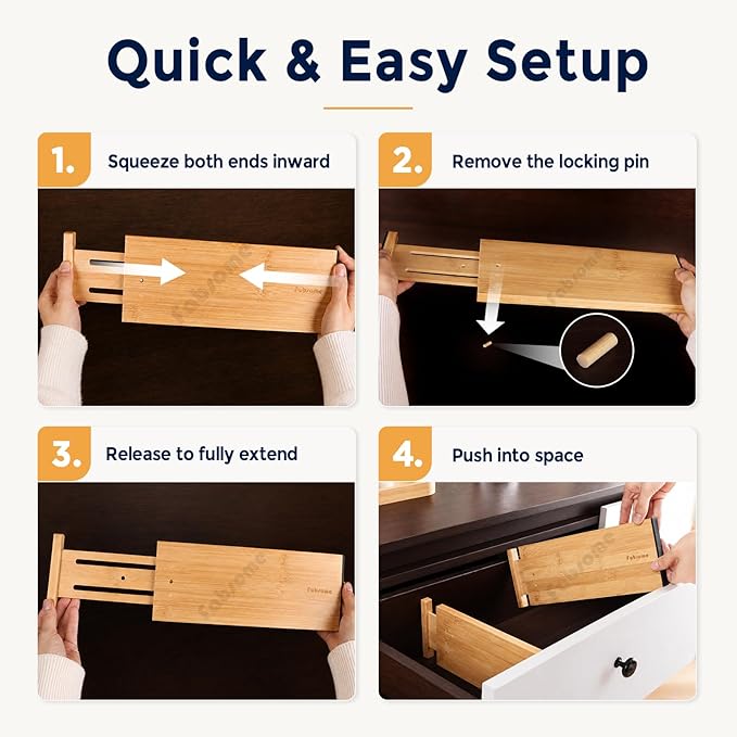 Fabsome Dresser Drawer Organizers 6 Pack, 4.65'' High Adjustable from 17-22‘’ Bamboo Drawer Dividers for Clothing Baby Clothes, Wooden Separators for Dresser Nursery Organization with Soft Foam Ends