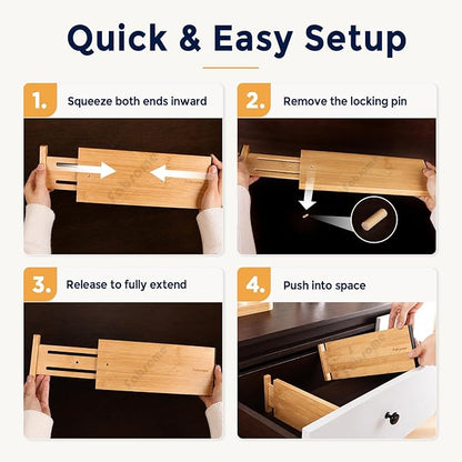 Fabsome Dresser Drawer Organizers 6 Pack, 4.65'' High Adjustable from 17-22‘’ Bamboo Drawer Dividers for Clothing Baby Clothes, Wooden Separators for Dresser Nursery Organization with Soft Foam Ends