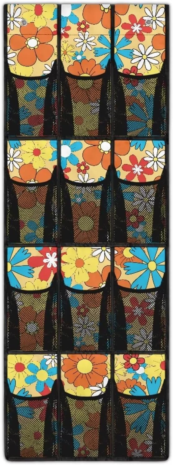 Large Capacity 12-Section Door Hanging Storage Bag, Oxford Fabric Waterproof Scratch-Resistant and for Home Organization, Groovy Hippie Flowers