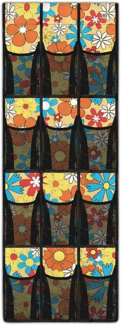 Large Capacity 12-Section Door Hanging Storage Bag, Oxford Fabric Waterproof Scratch-Resistant and for Home Organization, Groovy Hippie Flowers