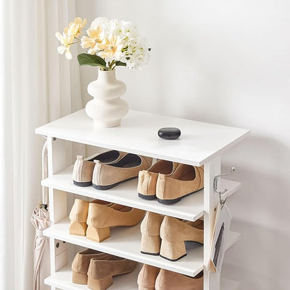 HOOBRO Vertical Shoe Rack, 8 Tier Wooden Shoe Storage Organizer with Hooks, Narrow Shoe Tower for 16 Pairs, Space Saving, for Entryway, Living Room, Bedroom, White WT750XJ01
