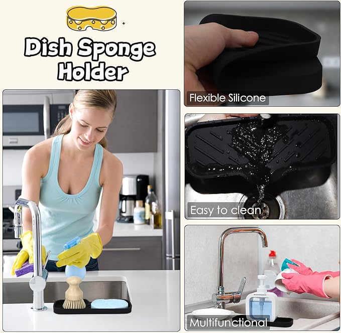 Silicone Bathroom Soap Dishes, Sponge Holder for Kitchen Sink, Shower Soap Holder with Drain, Soap Dispenser Tray, Soap Dish for Bottle, Cup, Sink or Counter Organizer - Black 9" x 3.15"