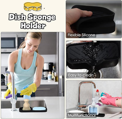 Silicone Bathroom Soap Dishes, Sponge Holder for Kitchen Sink, Shower Soap Holder with Drain, Soap Dispenser Tray, Soap Dish for Bottle, Cup, Sink or Counter Organizer - Black 9" x 3.15"