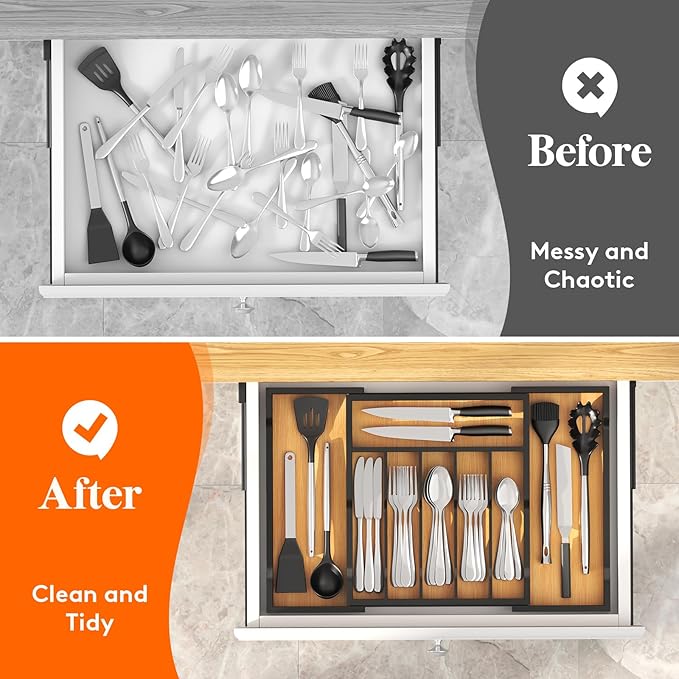 Lifewit Silverware Drawer Organizer, Expandable Utensil Tray for Kitchen, Flatware and Cutlery Holder, Wood Adjustable Storage for Spoons Forks Knives, 13-22x15/ 33-56x38cm, Natural and Black