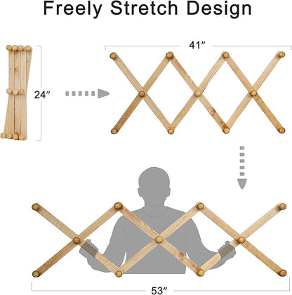 SKOLOO Large Hat Rack for Wall, Wooden Accordion Wall Hanger, Modern, Expandable Coat Hooks, Hat Display Rack for Home, Office, and Studio, 11 Peg, Dark Walnut
