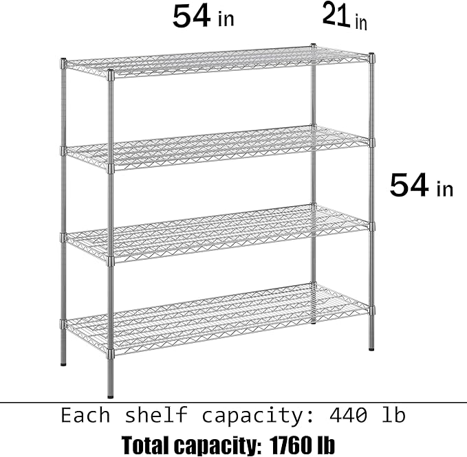 21" Deep x 54" Wide x 54" Height Wire Shelving Kit | 4-Tier | NSF Commercial Storage Rack Unit
