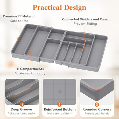 Lifewit Utensil Organizer for Kitchen Drawer, Expandable Cooking Silverware Tray, Adjustable Cutlery Flatware Holder, Plastic Spatula Tools Storage Divider, 21.3- 36 x 16.9", Gray