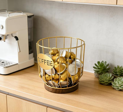 Coffee Pod Holders for Counter, K-Cup Holder, Metal Coffee Pod Basket, Espresso Pods Organizer, Coffee Station Accessories (Gold Plating)