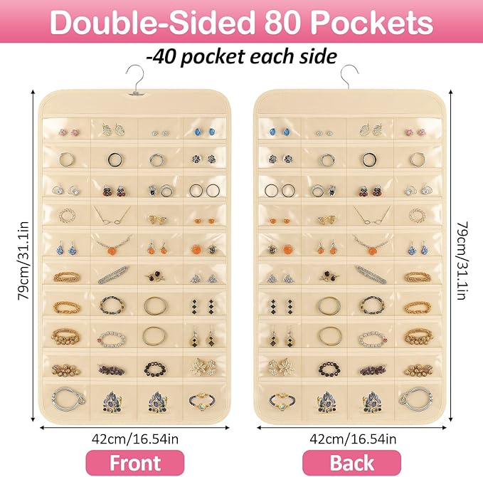 1 Pack Hanging Jewelry Organizer, 80 Clear Pockets earring organizer and storage, Accessories holder organizer for Closet, Jewelries, Necklace, Travel