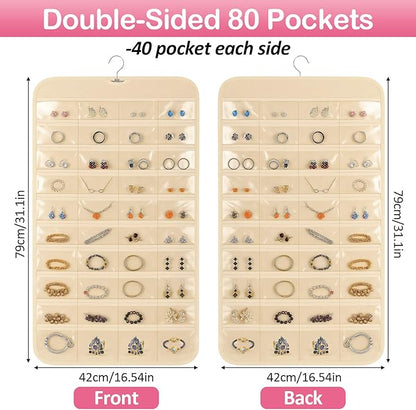 1 Pack Hanging Jewelry Organizer, 80 Clear Pockets earring organizer and storage, Accessories holder organizer for Closet, Jewelries, Necklace, Travel