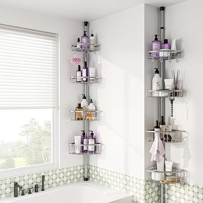 Corner Shower Caddy Tension Pole: Stainless Steel Rustproof 4-Tier Shower Organizer - 47-121 inch Adjustable Bathroom Shelves for Bathtub Shampoo Storage - Tension Rod Floor Standing Bath Rack