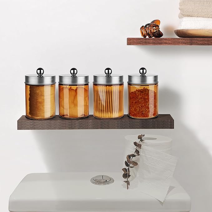 Amolliar Bronze Glass Apothecary Jar, Qtip Holder Metal Lid & Stickers, Bathroom Qtip Dispenser Storage, Canister for Cotton Balls, Cotton Swabs, Makeup Pads, Bath Salt, Floss, 4 Pack (Brushed Nickel)