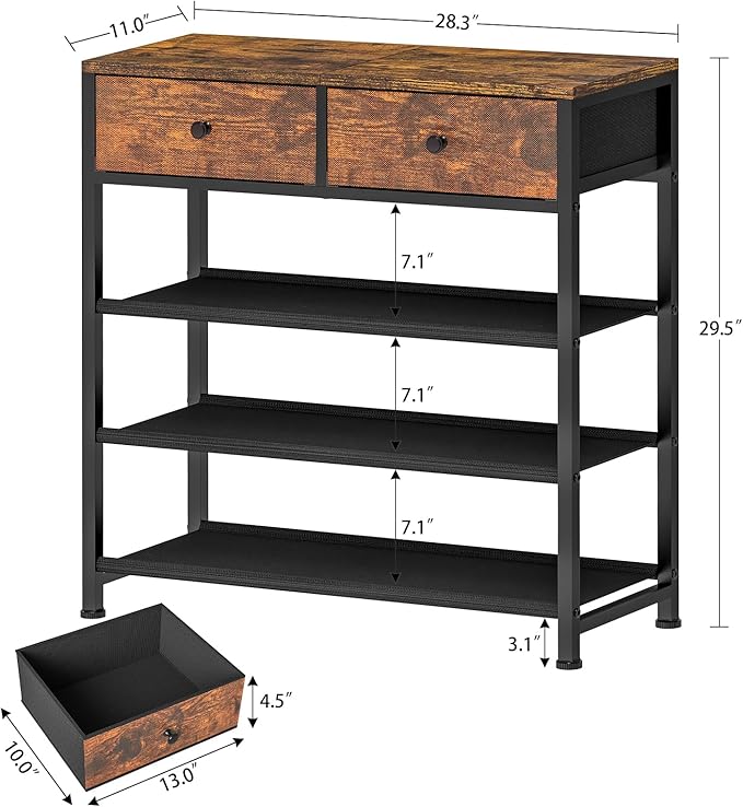 usikey Shoe Rack, 4 Tier Shoe Storage Organizer with 2 Drawers, Metal Shoe Shelf for 9-12 Pairs of Shoes, with 3 Oxford Fabric Shelves and Wooden Top, Shoe Stand for Entryway, Rustic Brown UNYXJX012F