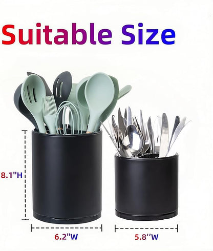 LIBODOUR Kitchen Utensil Holder Extra Large Rotating For Counter Organizer Stainless Steel Storage Cooking Silverware Caddy 3 Compartment Flatware Spoon Spatula Tool Cutlery Container（2 Set Black）