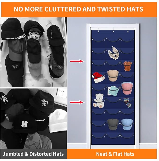 Hat Rack for Baseball Caps, 27 Pockets Over The Door Baseball Hat Organizer, Hat Storage for Closet Wall Mount Bag With Large Pockets & 3 Hooks, Hat Holder Hanger Organization to Display Caps