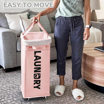 CHICVITA Laundry Hamper with Wheels 2-Pack, 75L Collapsible Laundry Basket with Removable Wash Bags, Pink Laundry Hamper for Corner Dorm, Rolling Laundry Basket on Wheels