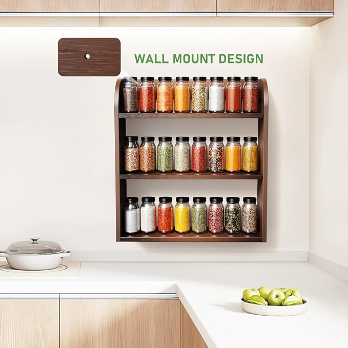 ROMGUAR CRAFT 3 Tier Bamboo Spice Rack, Countertop or Wall Mounting Wood Spice Jars Organizer Shelf for Kitche, Pantry (Brown)