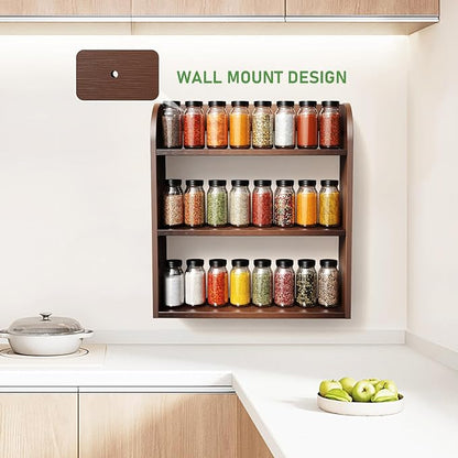 ROMGUAR CRAFT 3 Tier Bamboo Spice Rack, Countertop or Wall Mounting Wood Spice Jars Organizer Shelf for Kitche, Pantry (Brown)