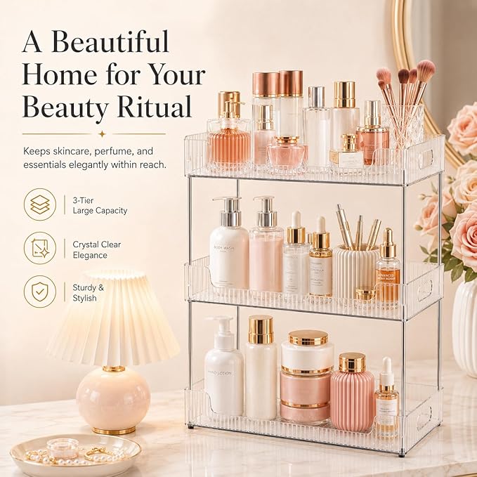 Goderewild 3 Tier Bathroom Counter Organizer, Multi-Purpose Cosmetics Skincare Shelf, Fits A4 Size Makeup Organizer for Office and Vanity Tray, Countertop Storage Solution for Kitchen,Bath.(Clear)