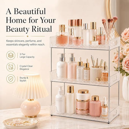 Goderewild 3 Tier Bathroom Counter Organizer, Multi-Purpose Cosmetics Skincare Shelf, Fits A4 Size Makeup Organizer for Office and Vanity Tray, Countertop Storage Solution for Kitchen,Bath.(Clear)