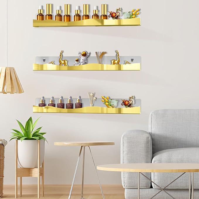 6 Pack Wall Mounted Acrylic Nail Polish Organizer Rack 15 Inch Gold Mirror Nail Polish Shelf with Removable Ends Multi-Purpose Shelf for Essential Oils Cosmetics Storage Display for Salon Bathroom