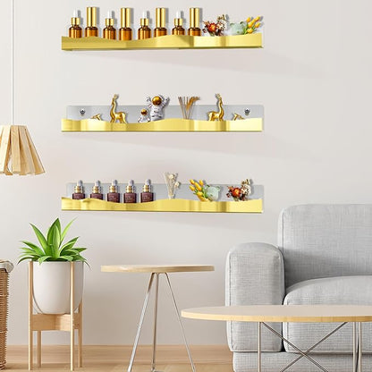 6 Pack Wall Mounted Acrylic Nail Polish Organizer Rack 15 Inch Gold Mirror Nail Polish Shelf with Removable Ends Multi-Purpose Shelf for Essential Oils Cosmetics Storage Display for Salon Bathroom