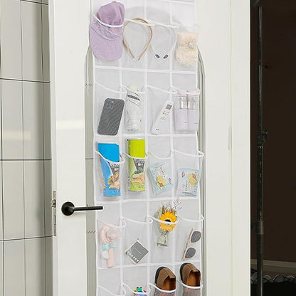 Shoe Hanger for Door 24 Mesh Pocket over the Door Shoe Organizer Space Saving Hanging Storage Holder with Hooks 64x19 Inch White