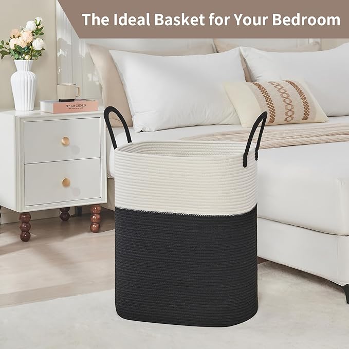 AINUOQI Laundry Basket with Handles - Blanket Basket & Hampers for Bedroom Aesthetic, Laundry Hamper & Blanket Storage for Living Room, Clothes Hamper, Tall, Large 17" x 14" x 25”, White & Black
