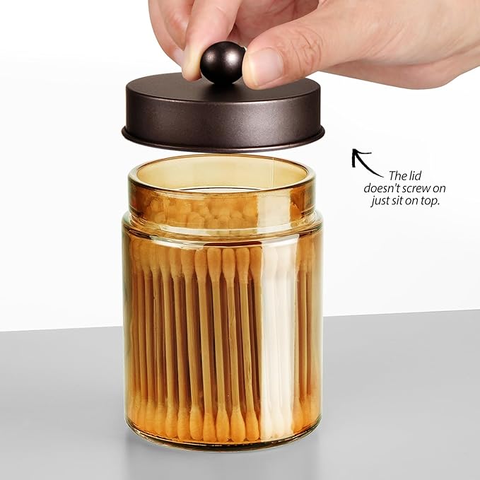 3 Pack Apothecary Jar Canisters Bathroom Vanity Organizer - Qtip Holder Storage Organizer Set Countertop Canister with Stainless Steel Lids &Cute Stickers for Qtips,Cotton Swabs,Makeup Sponges,Floss