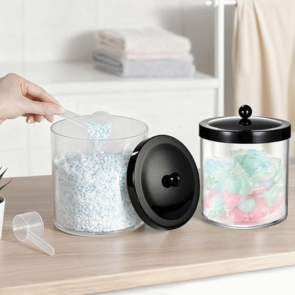 Amolliar 50 Oz Apothecary Jar - 2 Pack Clear Container with Stainless Steel Lid, Plastic Jar for Laundry Room Organization & Pods Storage, Bathroom Vanity Organizer, Kitchen Countertop Decor(Black)