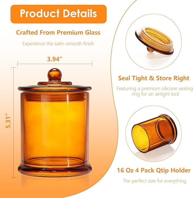 LITIVY 4 Pack Bathroom Organizers and Storage - 16 Oz Glass Qtip Holder & Cotton Pad Dispenser with Lid, Apothecary Jars for Home, Room Decor, Kitchen Organizer (Amber)