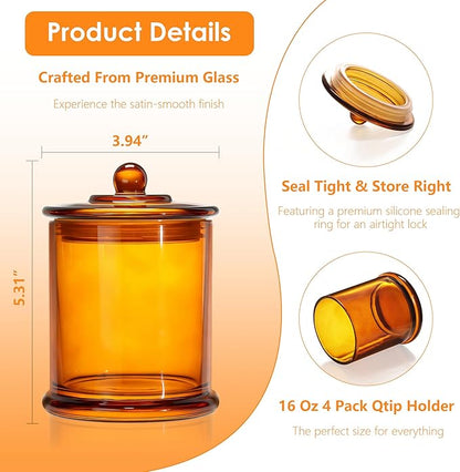 LITIVY 4 Pack Bathroom Organizers and Storage - 16 Oz Glass Qtip Holder & Cotton Pad Dispenser with Lid, Apothecary Jars for Home, Room Decor, Kitchen Organizer (Amber)