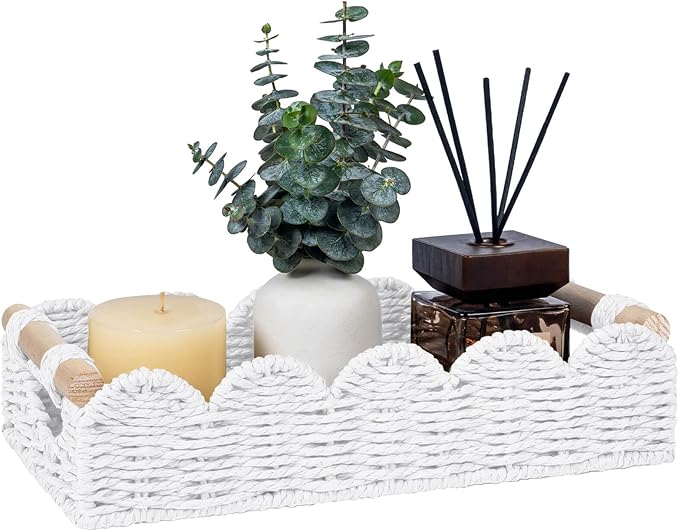 CubesLand Bathroom Basket Organizer w/Cut Out Handle, Back of Toilet Paper Storage Baskets for Bathroom Countertop Decorative, Small Scalloped Wicker Basket Also for Home Decor, Living Room, White