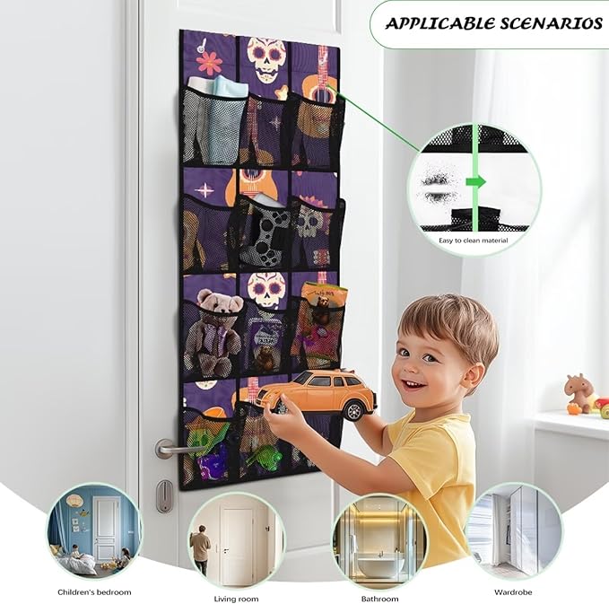 Skull Guitar Over The Door/Wall Shoe Organizer,Nursery Organization,12 Compartment Breathable Mesh Pocket Over the Door Hanging Shoe Bag,Closet Shoe Hanging Bag,Breathable Organizer