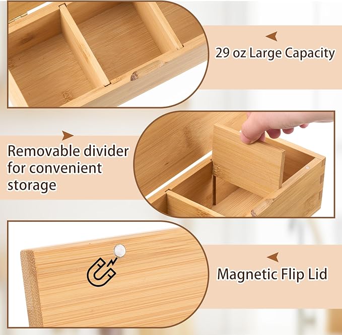 Bamboo Salt Cellar Spice Box with Magnetic Lid 29oz Large Capacity Salt Organizer 3 Compartments for Kitchen Countertop, Pepper, Seasonings, Spices, Grilling & Cooking