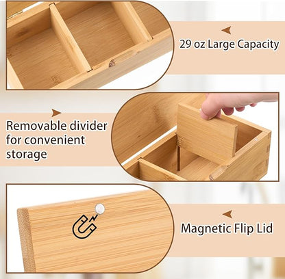 Bamboo Salt Cellar Spice Box with Magnetic Lid 29oz Large Capacity Salt Organizer 3 Compartments for Kitchen Countertop, Pepper, Seasonings, Spices, Grilling & Cooking