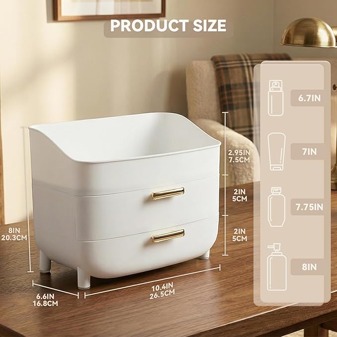novelinks 3-Tier Skincare Makeup Organizer with Drawers, Large Capacity Vanity Storage Box, Desktop Cosmetic Organizer for Bathroom, Dresser & Vanity Countertop, White