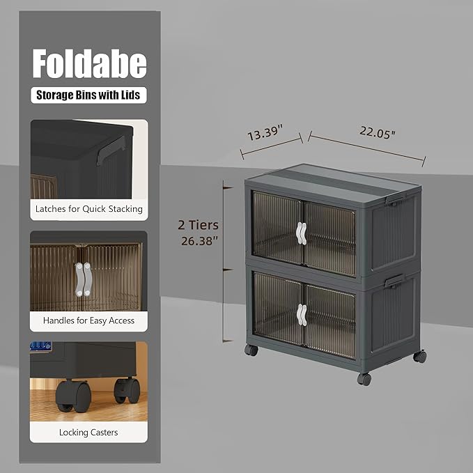 81QT Foldable Stackable Storage Bins with Lids & Wheels - Heavy-Duty Plastic Organizer Containers for Home, Bathroom, Kitchen Organization - Clear & Collapsible Design Gray 2T