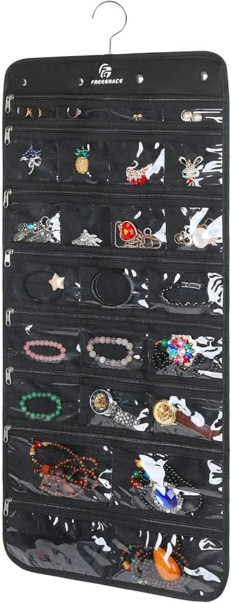 Freegrace Hanging Jewelry Organizer with Secure Zipper Closure - 360° Revolving Hanger, 25 Clear Pockets, 23 Necklace Hooks - Foldable Travel Storage & Closet Display (Black)