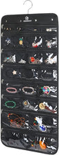 Freegrace Hanging Jewelry Organizer with Secure Zipper Closure - 360° Revolving Hanger, 25 Clear Pockets, 23 Necklace Hooks - Foldable Travel Storage & Closet Display (Black)