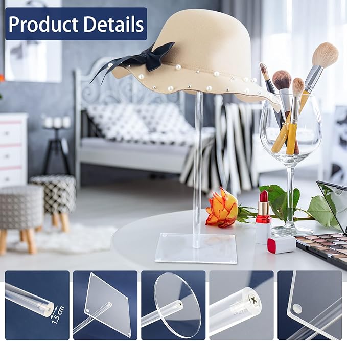 Acrylic Hat Stand and Wig Display Rack, 2pcs 17" Clear Hat Stands for Display, Adjustable Height Hat Holder, Square Barbell Base Display, Hat Rack Stand for Display Jewelry Watch Helmets