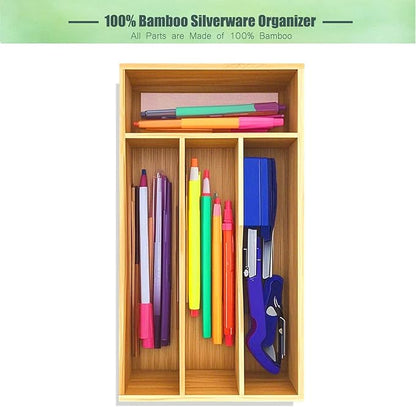guiogc Bamboo Kitchen Drawer Silverware Organizer, 7 Inch Silverware Utensils Tray Holder for Small Drawer, Wood Caddy for Flatware Cutlery Knives 4-Slots