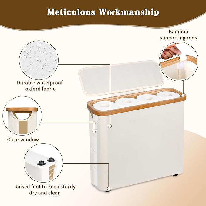 Toilet Paper Storage Basket with Lid - The Ultimate Bathroom Organizer, Free Standing Toilet Paper Holder for Up to 9 Mega Rolls, Toilet Tissue Storage Bin with Handle for RV Closet, Beige