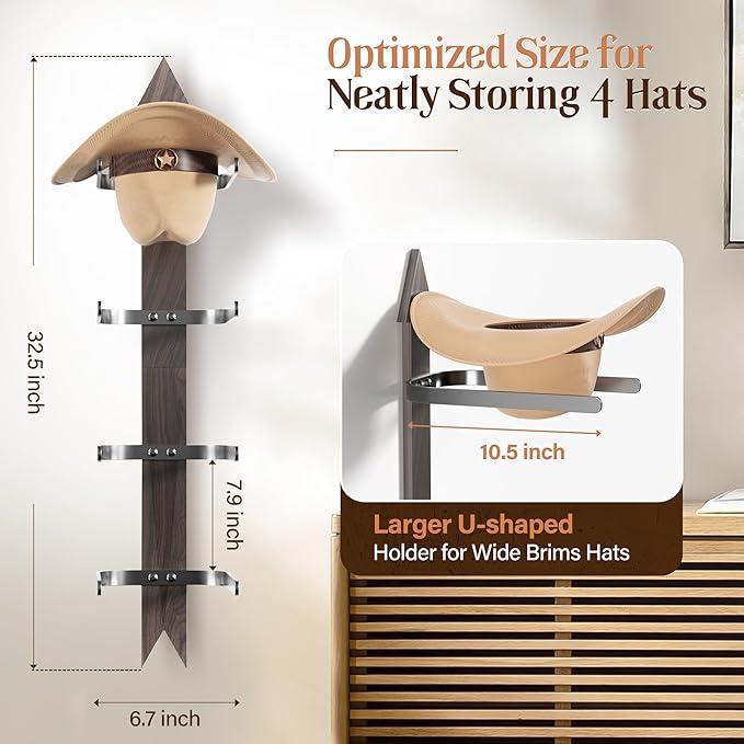Cowboy Hat Rack for Wall, Cowboy Hat Holder Wall Mount Holds up to 4 Hats, Wooden Western Rustic Metal Hat Hanger with Arrow Sign Board, Hat Organizer for Western Hat, Fedora, Sun Hats (2 pack)