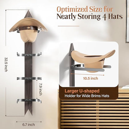 Cowboy Hat Rack for Wall, Cowboy Hat Holder Wall Mount Holds up to 4 Hats, Wooden Western Rustic Metal Hat Hanger with Arrow Sign Board, Hat Organizer for Western Hat, Fedora, Sun Hats (2 pack)
