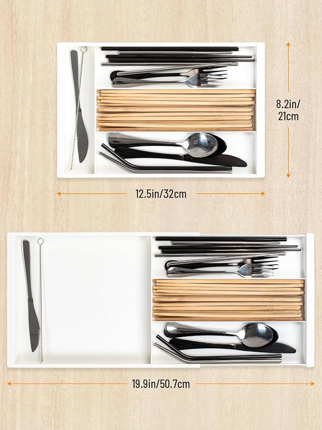 Silverware Drawer Organizer Tray, Adjustable Small Utensil Holder for Spoon and Fork, Expandable Flatware Cutlery Tray for Kitchen Drawers (Cream)