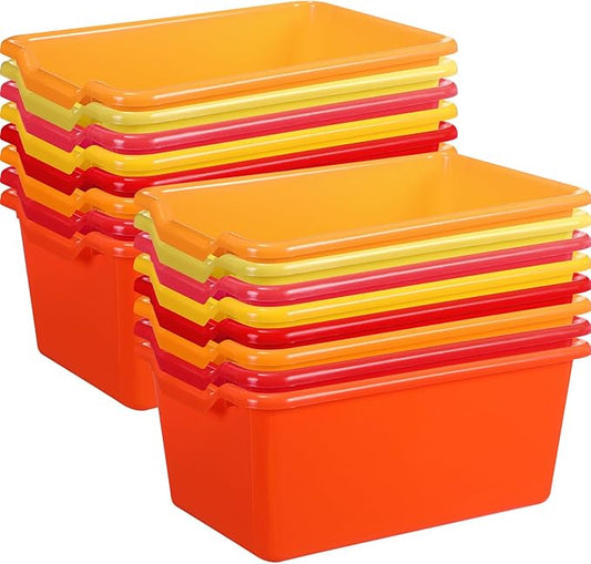 Dandat 16 Pcs Plastic Book Bins for Classroom Library Cubby Bins Scoop Front Stackable Toy Storage Tubs Containers for School Office Home Nursery Playroom Organization (Warm Series)