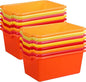 Dandat 16 Pcs Plastic Book Bins for Classroom Library Cubby Bins Scoop Front Stackable Toy Storage Tubs Containers for School Office Home Nursery Playroom Organization (Warm Series)