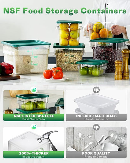 4QT NSF Food Storage Containers: 6 PCS [Food Grade][Hot&Cold Resistant] Commercial Clear Food Storage Containers with Lids for Restaurant Kitchen Proof Dough, Measuring Spoons Included(Green N)