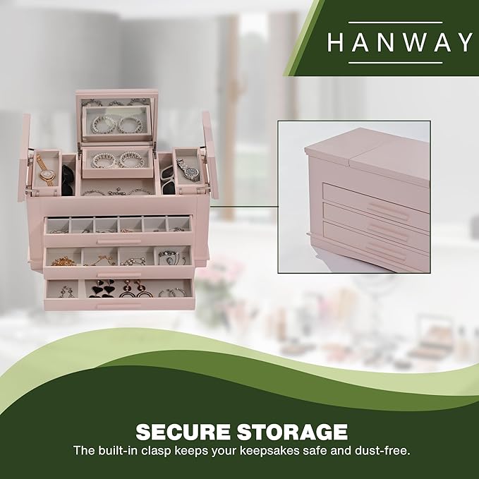 Hanway 4 Layers Wooden Jewelry Box Organizer for Women, with multiple compartments, featuring interior mirror & tray for necklaces, earrings, bracelets, glasses, and rings (Pink)